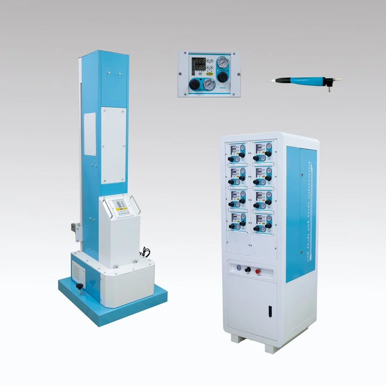 Reciprocator with control cabinet, controller and automatic spray gun