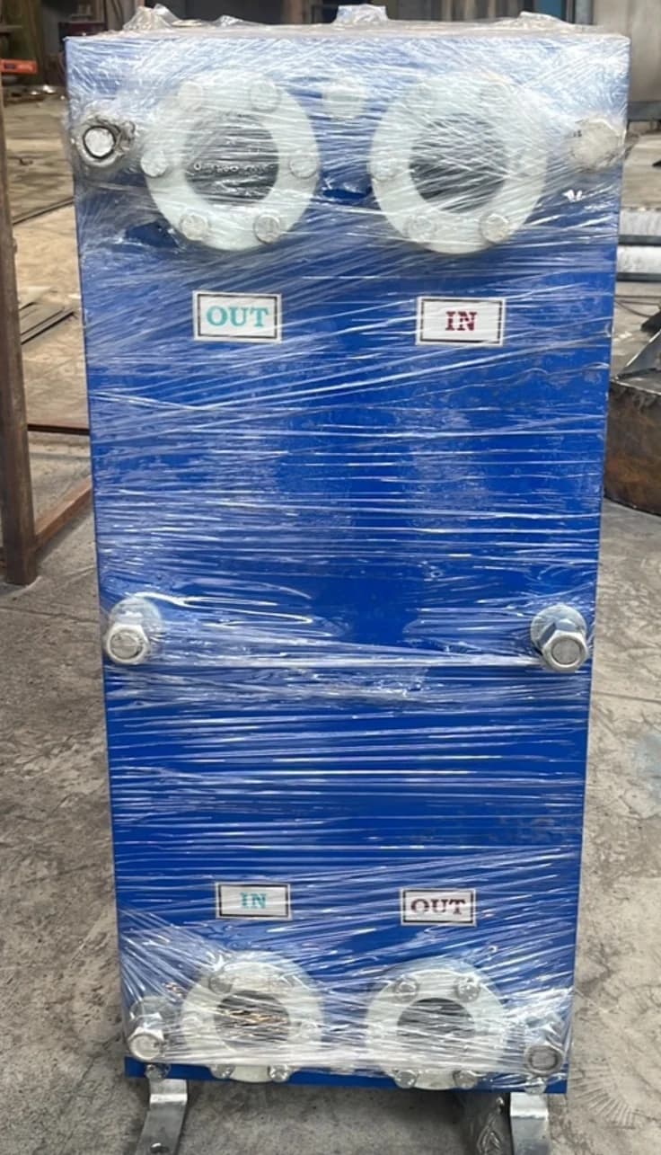 Plate heat exchanger (PHE) for CED coating plant, front view with IN/OUT connections