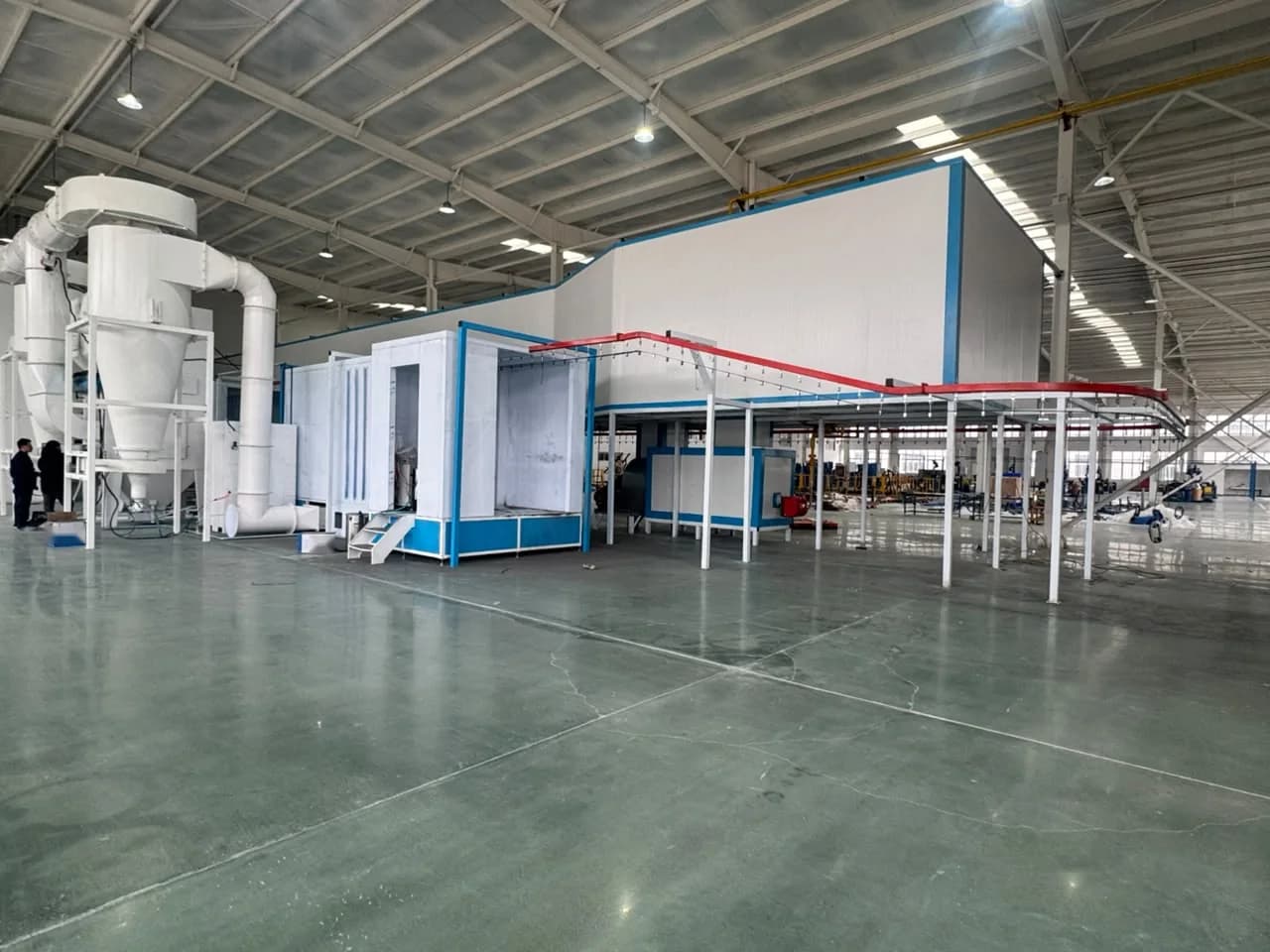 Conveyorised powder coating plant with overhead conveyor, booths and cyclone recovery